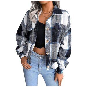 Women's Fall Fashion Cropped Shacket Plaid Jackets Coat-Navy Plaid